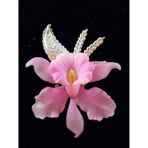 Vintage Unsigned Iris Plastic Floral Brooch Pin, Pink Flower w/Gold Tone Leaves